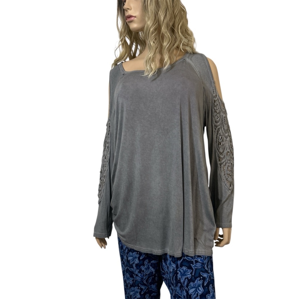 1X Plus Gray Washed Cold Shoulder Tunic Top Crochet Lace Detail Boho 16W-18W